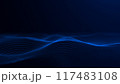Digital blue waves. Linear sea. 4k graphic landscape, typographic map. Wavy space. Sci-fi microworld. Focused gradient blue background. Data flow concept. Blue field glowing HUD. Blue background	 117483108