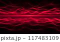 red waves glow. Liquid graphic landscape in red color. Abstract background of earth and sky. Symmetrical space desert. Red sea horizon made of burning particles. An obsessive Sci-fi microcosm. 4k	 117483109