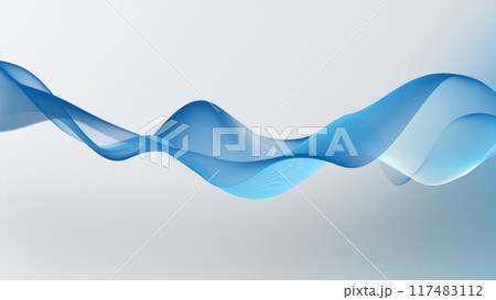 Blue wave on a white background. Vector water liquid linear shape. Blue ribbon moves smoothly. A smooth transparent plastic line flows on a light background. The wavy wiggle of the blue stripe. 117483112