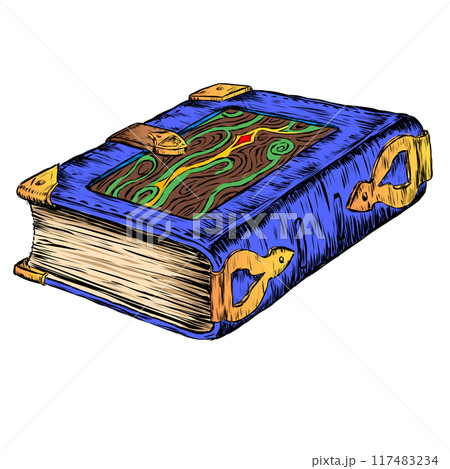 A thick blue book edged with copper corners in a stitched leather binding made of tanned leather of now non-existent magical animals. Vector illustrationA thick blue book edged with copper corners in 117483234