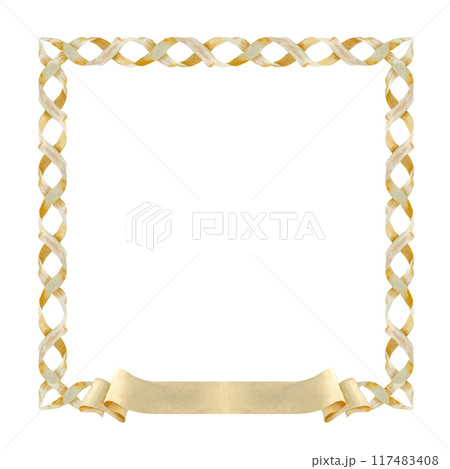 Vintage paper frame with ribbon banner for decorative texts. Watercolor illustration of a square frame isolated on a white background. Woven paper ornament with parchment texture in pastel beige color 117483408