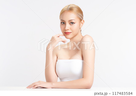 Beautiful young asian woman with clean fresh skin on white background, Face care, Facial treatment, Cosmetology, beauty and spa, Asian women portrait. 117483584