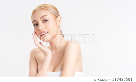 Beautiful young asian woman with clean fresh skin on white background, Face care, Facial treatment, Cosmetology, beauty and spa, Asian women portrait. Beautiful young asian woman with clean fresh skin on white background, Face care, Facial treatment, Cosmetology, beauty and spa, Asian women portrait. 117483591