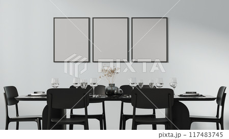 three frames mock up above a beautiful dining table setted with cutlery, plates, glasses and decor, black furniture , 3d rendering 117483745