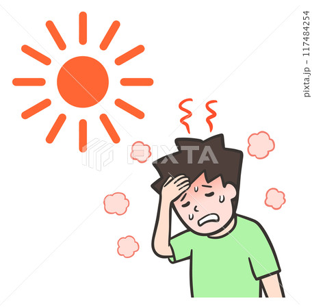 暑さで汗をかき熱中症になる若い男性 117484254