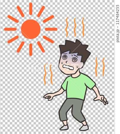 一名年輕人中暑了,由於天氣太熱,頭暈目眩。 一名年輕人中暑了,由於天氣太熱,頭暈目眩。 117484255