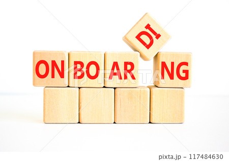 Onboarding success symbol. Concept word Onboarding on wooden blocks. Beautiful white background. Business onboarding success concept. Copy space. Onboarding success symbol. Concept word Onboarding on wooden blocks. Beautiful white background. Business onboarding success concept. Copy space. 117484630