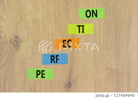 Perfection symbol. Concept word Perfection on beautiful colored paper. Beautiful wooden background. Business perfection concept. Copy space. 117484640