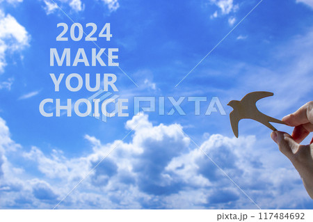 2024 Make your choice symbol. Concept words 2024 Make your choice. Beautiful blue sky cloud background. Voter hand with wooden bird. Business 2024 Make your choice concept. Copy space 2024 Make your choice symbol. Concept words 2024 Make your choice. Beautiful blue sky cloud background. Voter hand with wooden bird. Business 2024 Make your choice concept. Copy space 117484692
