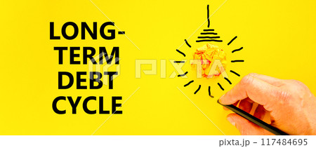 Long-term debt cycle symbol. Concept words Long-term debt cycle on beautiful yellow paper. Beautiful yellow background. Businessman hand. Business Long-term debt cycle concept. Copy space. 117484695