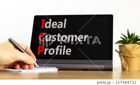 ICP ideal customer profile symbol. Concept words ICP ideal customer profile on beautiful black tablet. Beautiful white background. Business ICP ideal customer profile concept. Copy space. 117484712