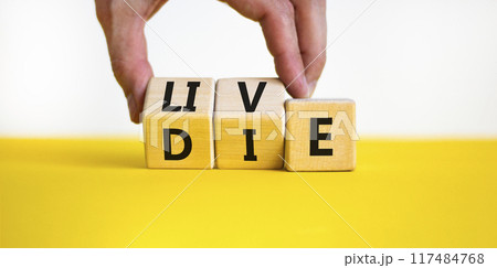 Live or die symbol. Concept word Live or Die on wooden cubes. Beautiful yellow table white background. Doctor hand. Business lifestyle and live or die concept. Copy space. Live or die symbol. Concept word Live or Die on wooden cubes. Beautiful yellow table white background. Doctor hand. Business lifestyle and live or die concept. Copy space. 117484768