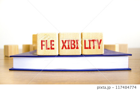 Flexibility symbol. Concept word Flexibility on beautiful wooden blocks. Beautiful wooden table white background. Beautiful book. Business flexibility concept. Copy space. Flexibility symbol. Concept word Flexibility on beautiful wooden blocks. Beautiful wooden table white background. Beautiful book. Business flexibility concept. Copy space. 117484774
