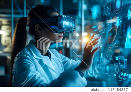 A woman scientist wears VR glasses, surrounded by a holographic display. The concept highlights advanced technology, virtual reality in science, and modern innovation. Generative AI. 117484857
