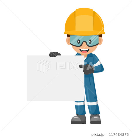 Industrial mechanic worker with his personal protective equipment holding a banner with space for text for advertising, presentations, brochures. Industrial safety and occupational health at work 117484876