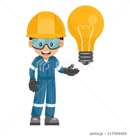 Industrial mechanic worker with a giant light bulb. Supervisor engineer with his coverall and personal protective equipment with creative idea symbol. Industrial safety and occupational health at work Industrial mechanic worker with a giant light bulb. Supervisor engineer with his coverall and personal protective equipment with creative idea symbol. Industrial safety and occupational health at work 117484884
