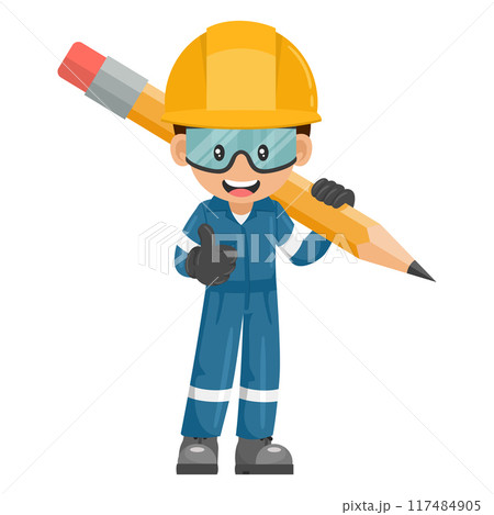 Industrial mechanic worker with giant pencil with thumb up. Creative concept for project management. Engineer with his personal protective equipment. Industrial safety and occupational health at work Industrial mechanic worker with giant pencil with thumb up. Creative concept for project management. Engineer with his personal protective equipment. Industrial safety and occupational health at work 117484905