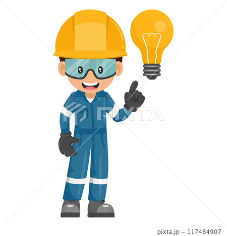 Industrial mechanic worker with a light bulb. Creative concept for the generation of ideas. Engineer with his personal protective equipment. Industrial safety and occupational health at work Industrial mechanic worker with a light bulb. Creative concept for the generation of ideas. Engineer with his personal protective equipment. Industrial safety and occupational health at work 117484907