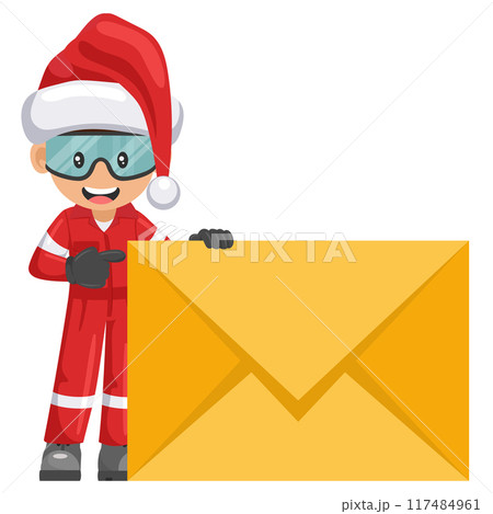 Industrial mechanic with Santa Claus hat with letter envelope for email. Concept of communication, notification and contact. Merry christmas. Industrial safety and occupational health at work Industrial mechanic with Santa Claus hat with letter envelope for email. Concept of communication, notification and contact. Merry christmas. Industrial safety and occupational health at work 117484961