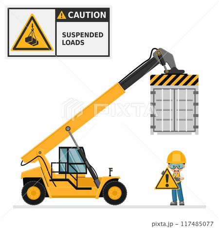 Reach stacker lifting container. Port machinery. Container carrier. Warning Overhead load. Work accident. Worker with personal protective equipment. Industrial safety and occupational health at work 117485077
