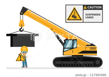 Telescopic crane on caterpillars. Warning Overhead load. Work accident. Worker with personal protective equipment. Industrial safety and occupational health at work 117485080