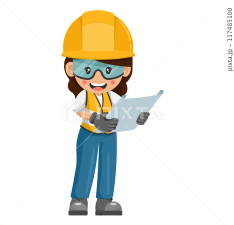 Woman construction engineer, woman architect supervises the construction plans of the work. Industrial worker with her personal protective equipment. Industrial safety and occupational health at work 117485100
