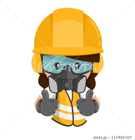 Construction woman industrial worker with his personal protective equipment, helmet, respirator mask, glasses, earmuffs, with a thumbs up. Industrial safety and occupational health at work Construction woman industrial worker with his personal protective equipment, helmet, respirator mask, glasses, earmuffs, with a thumbs up. Industrial safety and occupational health at work 117485107