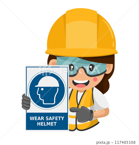 Construction woman industrial worker with warning sign of mandatory use of safety helmet. Industrial safety and occupational health at work Construction woman industrial worker with warning sign of mandatory use of safety helmet. Industrial safety and occupational health at work 117485108