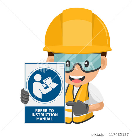 Industrial construction worker with mandatory Refer to instruction manual booklet sign. Reading the instruction manual before starting work. Industrial safety and occupational health at work Industrial construction worker with mandatory Refer to instruction manual booklet sign. Reading the instruction manual before starting work. Industrial safety and occupational health at work 117485127