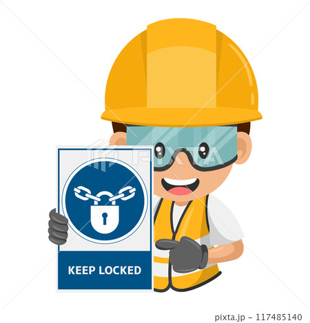 Industrial worker with mandatory sign keep locked. Ensuring that cabinets or facilities containing harmful substances or equipment are kept locked. Industrial safety and occupational health at work 117485140