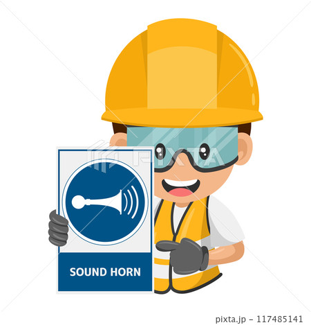 Industrial worker with mandatory sign sound horn. Sound horn of the equipment operator or driver to avoid a collision with another vehicle or people. Industrial safety and occupational health at work 117485141