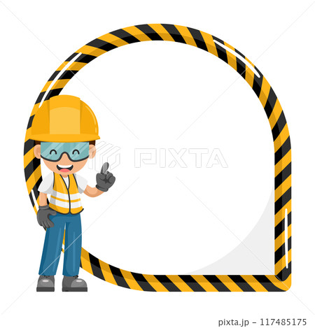 Industrial construction worker holding yellow safety tape sign with copy space for text for advertising, presentations, brochures. Industrial safety and occupational health at work Industrial construction worker holding yellow safety tape sign with copy space for text for advertising, presentations, brochures. Industrial safety and occupational health at work 117485175