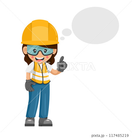 Industrial woman worker with his personal protective equipment thinking with space for text. Industrial safety and occupational health at work Industrial woman worker with his personal protective equipment thinking with space for text. Industrial safety and occupational health at work 117485219