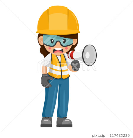 Annoyed industrial woman construction worker making an announcement with a megaphone. Supervisor engineer with personal protective equipment. Industrial safety and occupational health at work Annoyed industrial woman construction worker making an announcement with a megaphone. Supervisor engineer with personal protective equipment. Industrial safety and occupational health at work 117485229