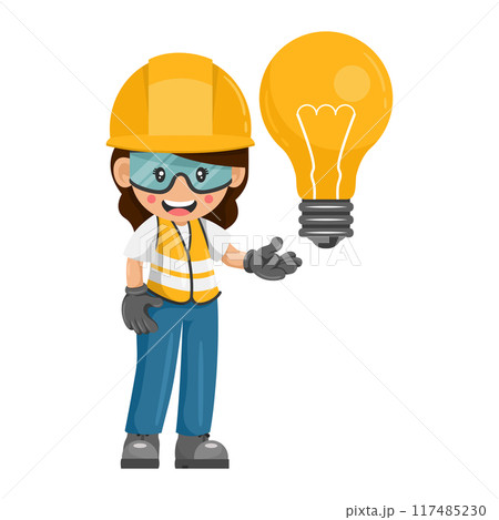 Industrial women construction worker with a giant light bulb. Engineer with creative idea symbol. Industrial safety and occupational health at work Industrial women construction worker with a giant light bulb. Engineer with creative idea symbol. Industrial safety and occupational health at work 117485230