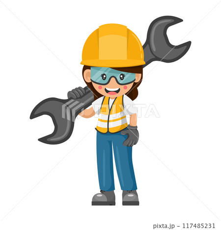 Industrial women worker with mechanic's wrench. Concept of repair, preventive maintenance and technical support. Industrial safety and occupational health at work 117485231