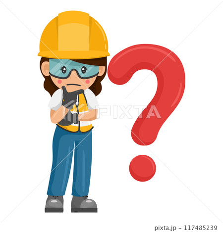 Industrial woman worker pensive and expressing doubt with giant question sign for FAQ concept. Industrial safety and occupational health at work Industrial woman worker pensive and expressing doubt with giant question sign for FAQ concept. Industrial safety and occupational health at work 117485239