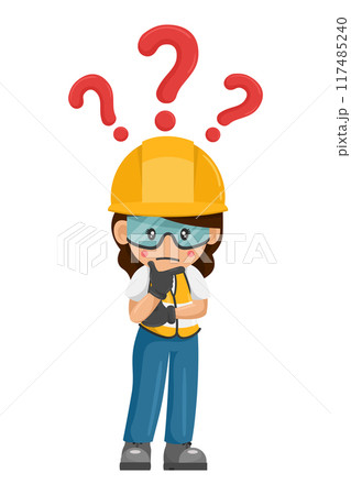 Industrial woman construction worker pensive and expressing doubt with question sign for FAQ concept. Industrial safety and occupational health at work Industrial woman construction worker pensive and expressing doubt with question sign for FAQ concept. Industrial safety and occupational health at work 117485240