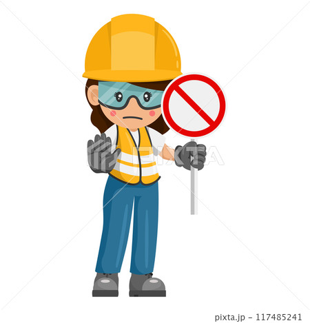 Industrial woman worker with prohibited sign making a stop sign. Worker with his personal protective equipment. Industrial safety and occupational health at work Industrial woman worker with prohibited sign making a stop sign. Worker with his personal protective equipment. Industrial safety and occupational health at work 117485241