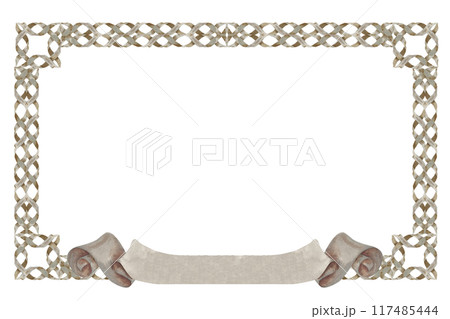 Vintage paper frame with ribbon banner for a text. Watercolor illustration of a frame isolated on a white background. Woven paper ornament with parchment texture in pastel warm gray color 117485444