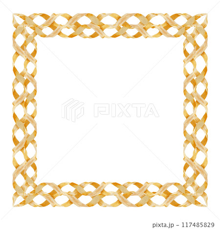 Vintage paper frame with ribbon banner for decorative texts. Watercolor illustration of a square frame isolated on a white background. Woven paper ornament with parchment texture in pastel beige color 117485829