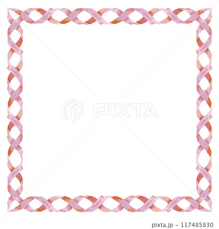 Vintage paper frame with ribbon banner for decorative texts. Watercolor illustration of a square frame isolated on a white background. Woven paper ornament with parchment texture in pastel pink color 117485830