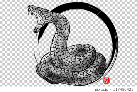 Coiled and threatening snake, hand-drawn ink painting style, with brush strokes on the background 117486423