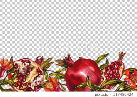 Pomegranate. A frame of fruits, flowers and pomegranate leaves on branches. A watercolor illustration made by hand. For labels and packages. For postcards, flyers and posters. 117486424