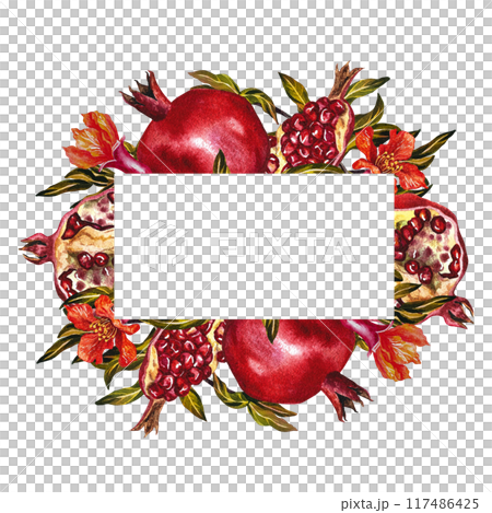 Pomegranate. A frame of fruits, flowers and pomegranate leaves on branches. A watercolor illustration made by hand. For labels and packages. For postcards, flyers and posters. 117486425