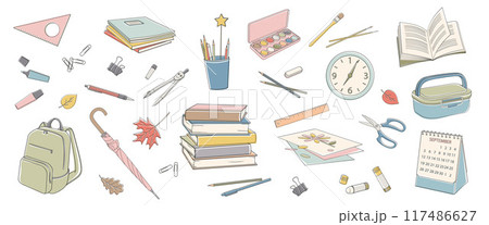 set of elements about school and study, pens, pencils, books, notebooks, compasses, scissors, brushes, paints, glue, lunch box set of elements about school and study, pens, pencils, books, notebooks, compasses, scissors, brushes, paints, glue, lunch box 117486627