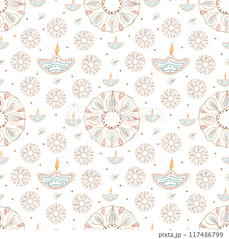 Diwali Diya and intricate floral geometric motifs. Seamless Pattern with traditional oil lamps and colorful floral rangoli. Watercolor illustration. Indian celebration ornate for package, textile 117486799