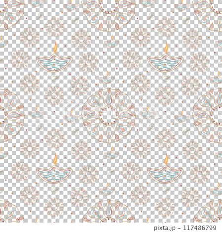Diwali Diya and intricate floral geometric motifs. Seamless Pattern with traditional oil lamps and colorful floral rangoli. Watercolor illustration. Indian celebration ornate for package, textile 117486799