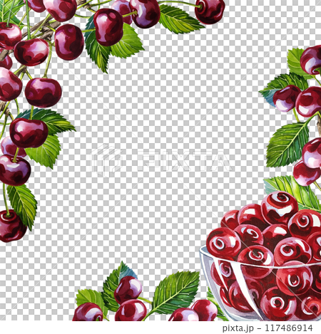 Cherry. A frame with ripe and juicy cherry fruits on a branch and a cup with picked cherry fruits. Handmade watercolor illustration. For the design of labels and packages, flyers and banners, menu. 117486914