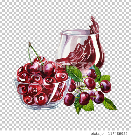 A glass of cherry juice and a cup with ripe and juicy cherry fruits. Hand-made watercolor illustration. For the design of labels, packaging and banners. For textiles, prints and stickers. For menus. A glass of cherry juice and a cup with ripe and juicy cherry fruits. Hand-made watercolor illustration. For the design of labels, packaging and banners. For textiles, prints and stickers. For menus. 117486923